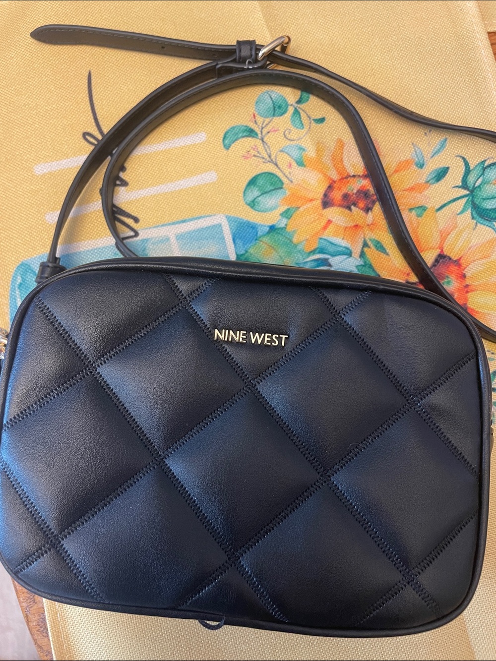 Nine West Black Quilted Crossbody Bag with Gold Logo